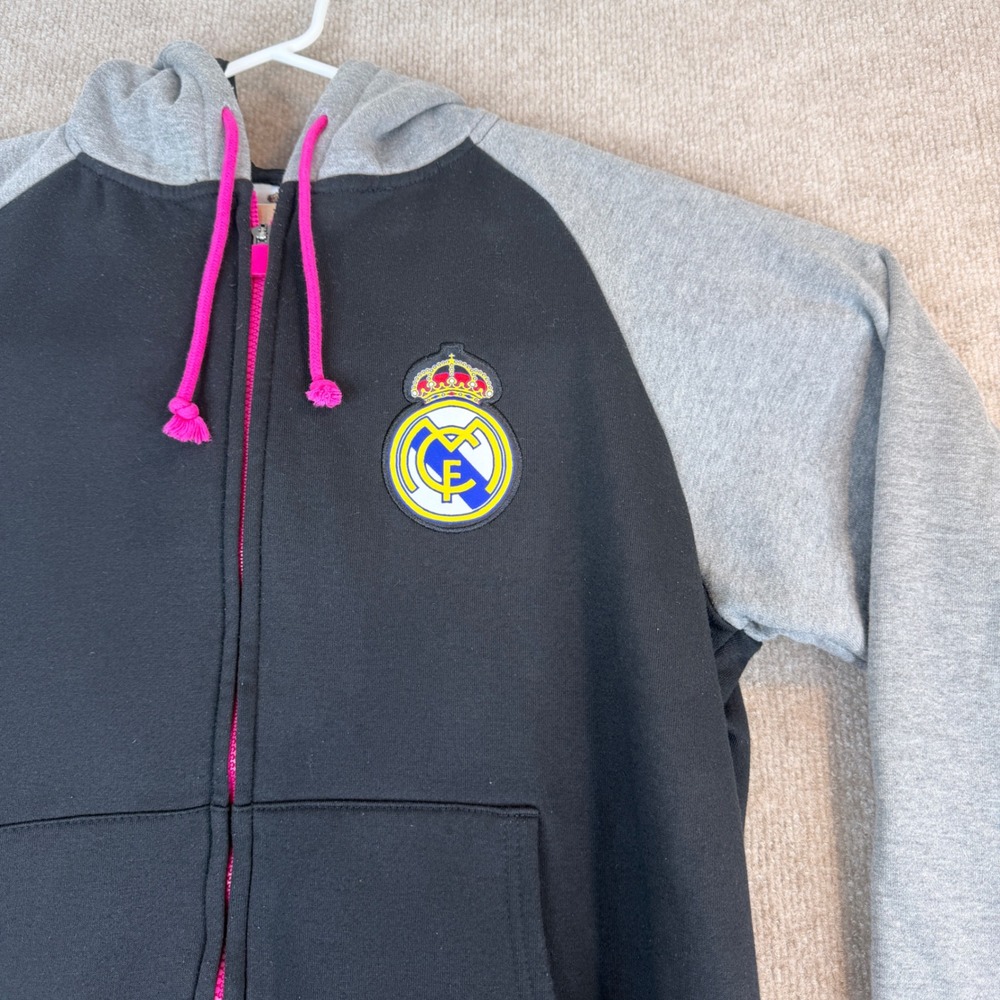 Real Madrid CF Full Zip Hoodie Mens Large Black Pink Soccer Club Crest Jacket - Picture 6 of 16